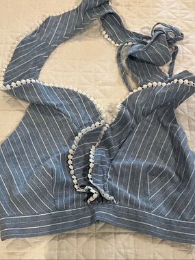 Striped Blue Halter Crop Top with Pom Trim